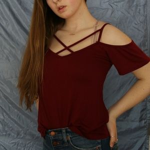 Maroon cross-straped off the sholder t-shirt